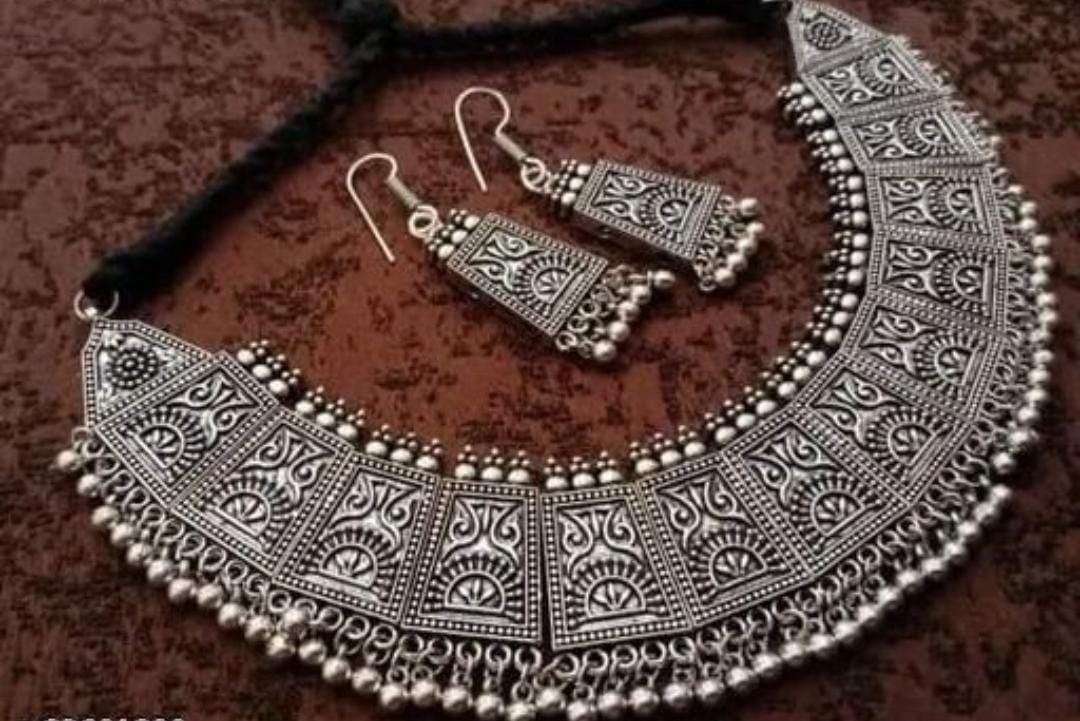 Indian Silver Plated Rajasthni Look Ghungroo Choker Necklace Set With Earrings