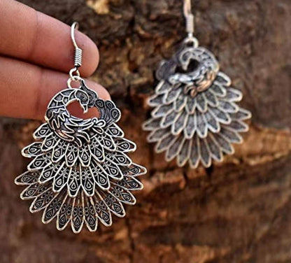 Antique Silver Peacock Long Oxidised Finish Earrings For Women & Girls