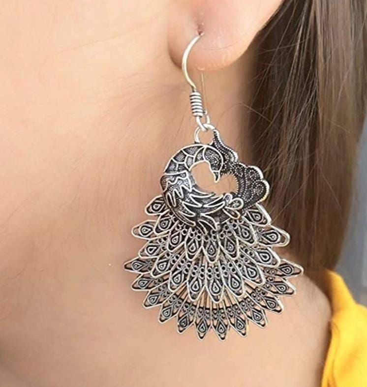 Antique Silver Peacock Long Oxidised Finish Earrings For Women & Girls