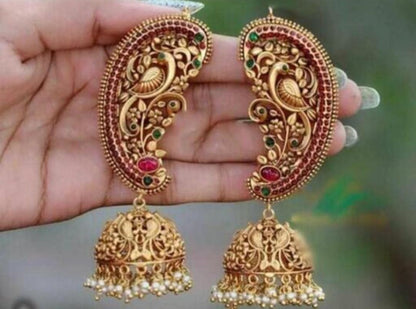 Antique South Indian Gold Plated Pearls Jhumka Earrings for Women & Girls