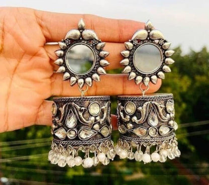 Afghani Oxidized Silver Plated Mirror Work Jhumka Earrings For Women & Girls