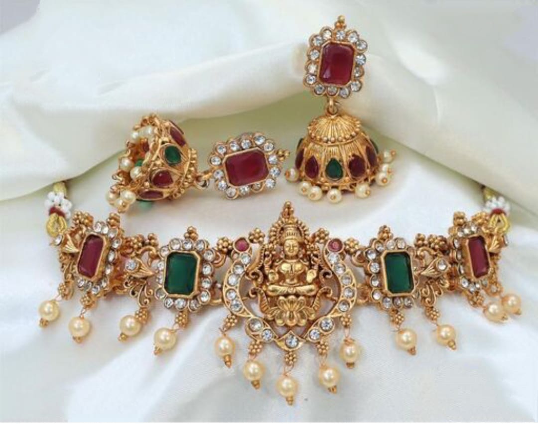 Bridal Gold Polish Lord Laxmi South Indian Matte Finish Pearls & Stone Choker Necklace Set For Women & Girls