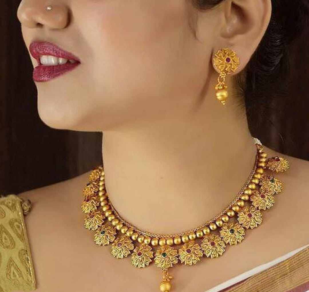 Gold Finish Floral Designer South Indian Unique Style Matte Golden Touch Necklace Set With Earrings