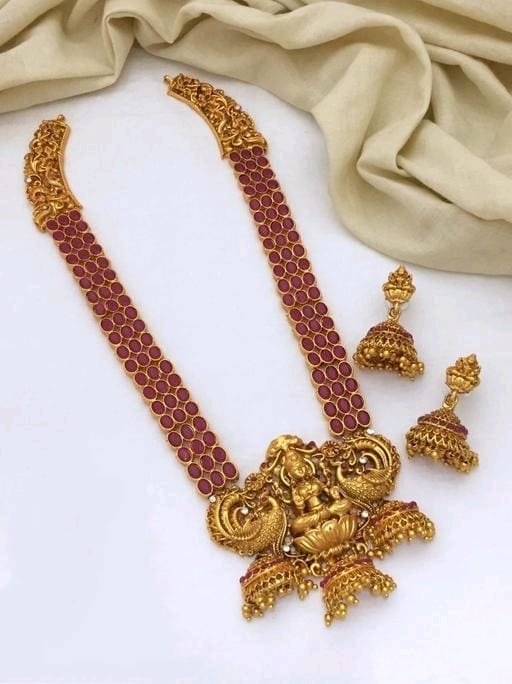 Hasadi Long Bridal Gold Matte Finish Temple Haram Gold Plated Jewellery Set For Women & Girls