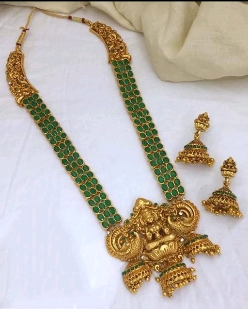 Hasadi Long Bridal Gold Matte Finish Temple Haram Gold Plated Jewellery Set For Women & Girls