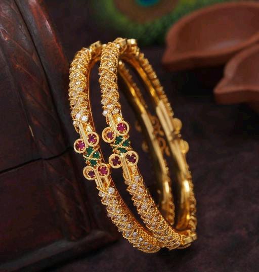 Pink-Green AD Stone Studded Classy South Indian Gold Plated Rajwadi Bangle Set For Women