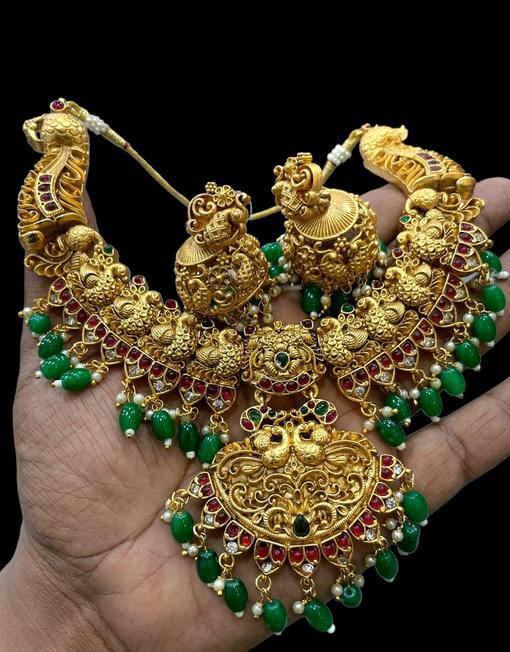 Heavy Rajawadi Green Bridal Temple South Indian Gold Plated Jewellery Set For Women & Girls