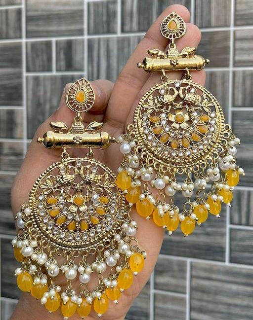 Indian Gold Plated Yellow Golden beautiful Chandbaliya Long Earrings For Women & Girls