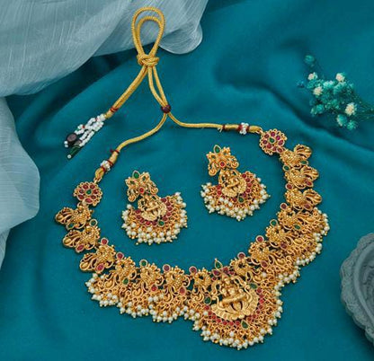 South Indian Maa Laxmi Guttapusalu Golden Touch Heavy Pearls Kundan South Jewlery Set For Bridal