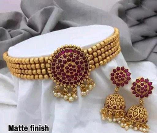 Antique Gold Beads Statement Ruby Stone Jewelry Set For Women & Girls