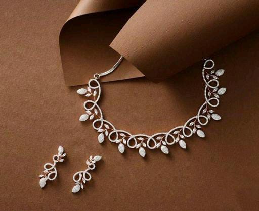 Antique Designer AD Leaft Silver Choker Necklace Set For Women & Girls