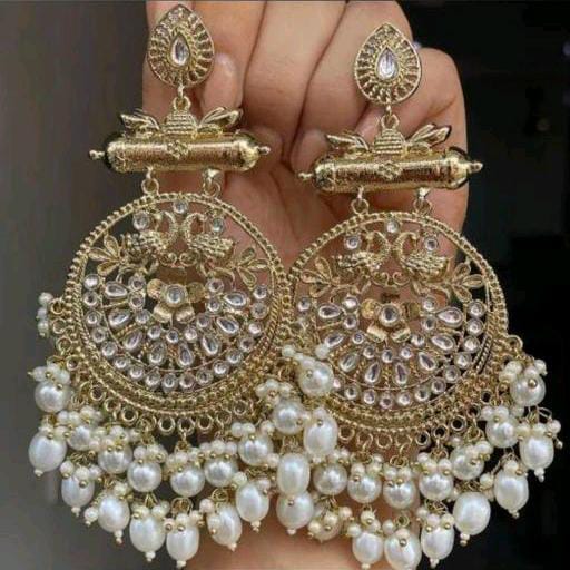 Gorgeous Gold Matte Finish Hanging Pearls Chandbaliya Kundan Earrings For Women & Girls