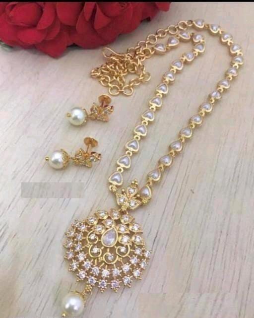 Traditional Long White Beads Pearls Studded Neckchain With Earrings For Women & Girls