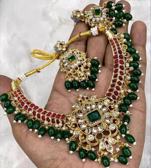 Traditional Ethnic Ruby With Green Kundan Pearls Chokar Necklace Set For Women & Girls