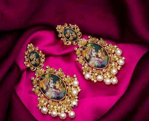 Radha Krishna Painted Southindian Gold Plated Indian Jhumka Earrings For Women & Girls