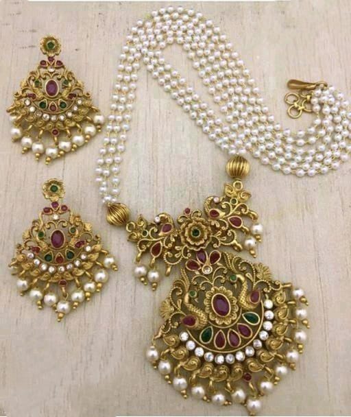 Peacock Designer Pearls Long Gold Finish Pendant Kundan Stone Studded Jewelry Set For Women & Girls