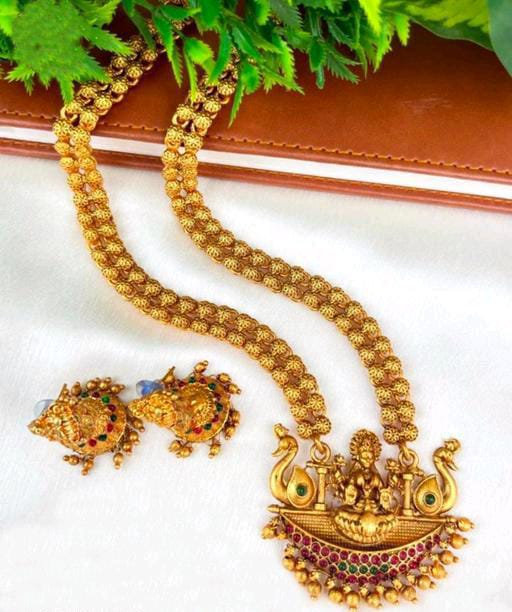 Bridal Gold Matte Finish Temple Long Haram Gold Plated Jewellery Set For Bidesmaids