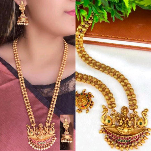 Bridal Gold Matte Finish Temple Long Haram Gold Plated Jewellery Set For Bidesmaids