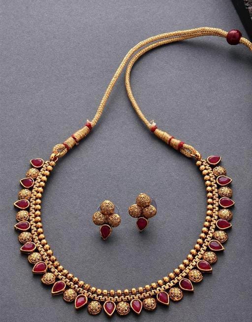 Indian Beautiful Designer Gold Necklace Ruby Stone Jewelry Set For Women & Girls