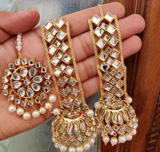 Ethnic Wear Golden Touch Mirror Work Hanging Pearls Jhumka Earrings With Mangtika For Women & Girls