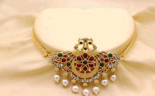 Gold A Line Traditional Lord Laxmi South Indian Gold Matte Finish Pearls Choker Necklace Set For Women & Girls