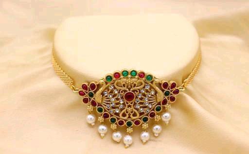 Gold A Line Traditional Lord Laxmi South Indian Gold Matte Finish Pearls Choker Necklace Set For Women & Girls