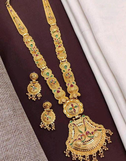 Durga Pooja Victoria Style Long South Indian Matte Finish Pearls Necklace Set For Women & Girls