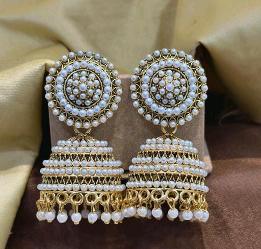 Latest Matte Finish Golden Touch Deisgn Pearl Jhumka Earrings For Women & Girls