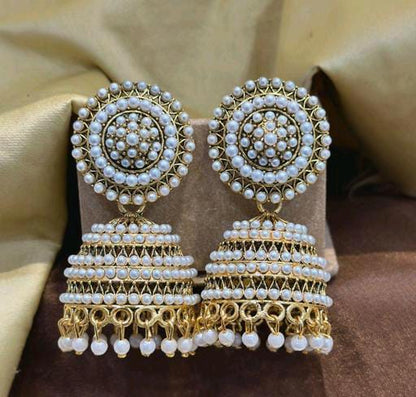 Latest Matte Finish Golden Touch Deisgn Pearl Jhumka Earrings For Women & Girls