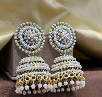 Latest Matte Finish Golden Touch Deisgn Pearl Jhumka Earrings For Women & Girls