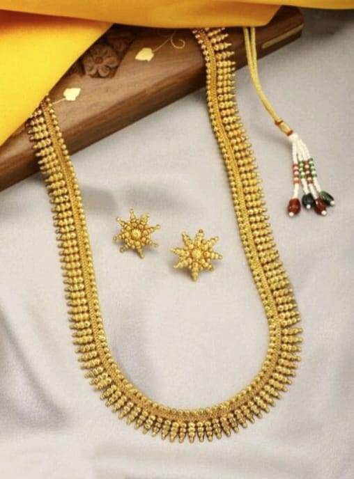 Traditional Gold Matte Finish Flower Long Haram South Indian Jewellery Set For Women & Girls