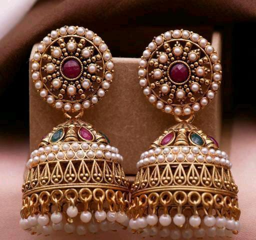 Latest Indian Multicolor Golden Touch Rajasthani Style Designer Kundan Jhumka Earrings For Women & Girls