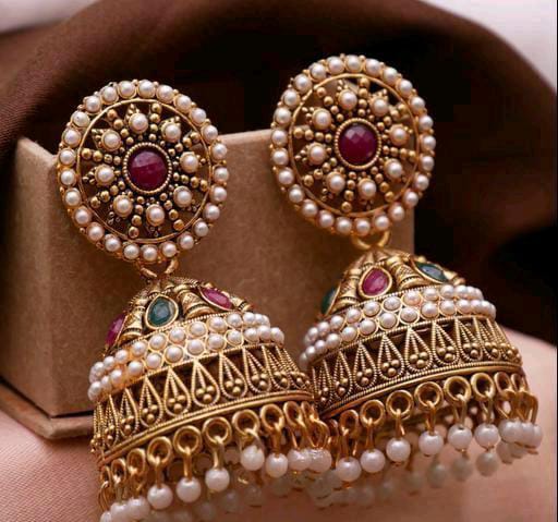 Latest Indian Multicolor Golden Touch Rajasthani Style Designer Kundan Jhumka Earrings For Women & Girls