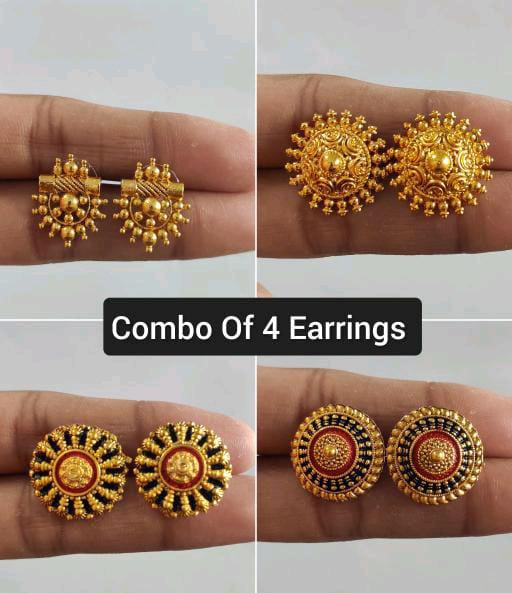 Pack of 4 Golden South Indian Gold Touch Stud Kalamkari Indian Earrings For Women & Girls