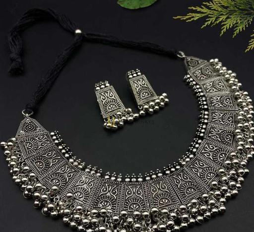 Kalamkari German Silver Floral Style Ghungroo Necklace Set With Earrings For Women & Girls