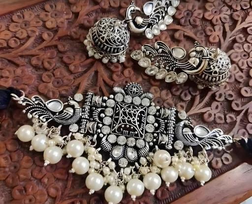 Indian Oxidized Silver Plated Pearls Necklace Set With Earrings For Women & Girls