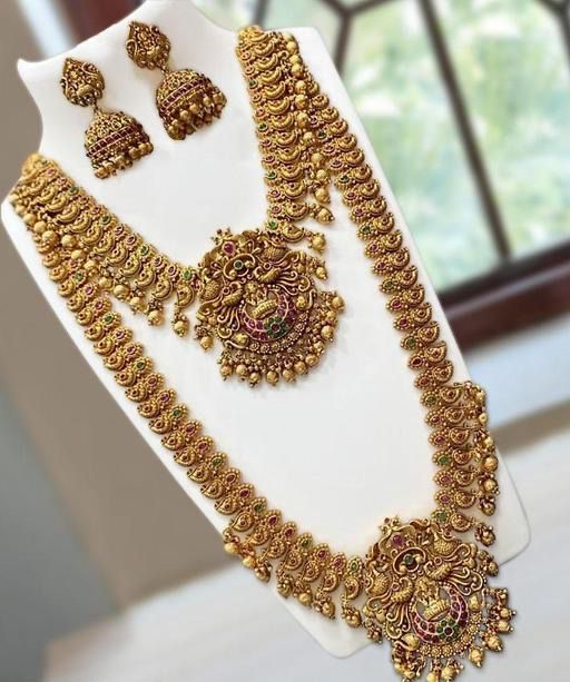 Red Vintage Gold Finish Long Temple Chokar With Long Haram Necklace Set For Women & Girls