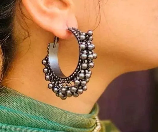 Indian Fancy Style Black Polish Ghugroo Hoop Earrings For Women & Girls