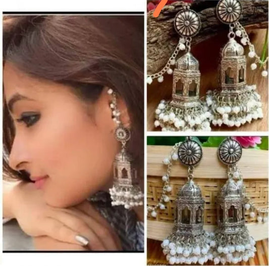 Silver Temple Long Jhumka Bahubali Earrings With Earchain For Women & Girls