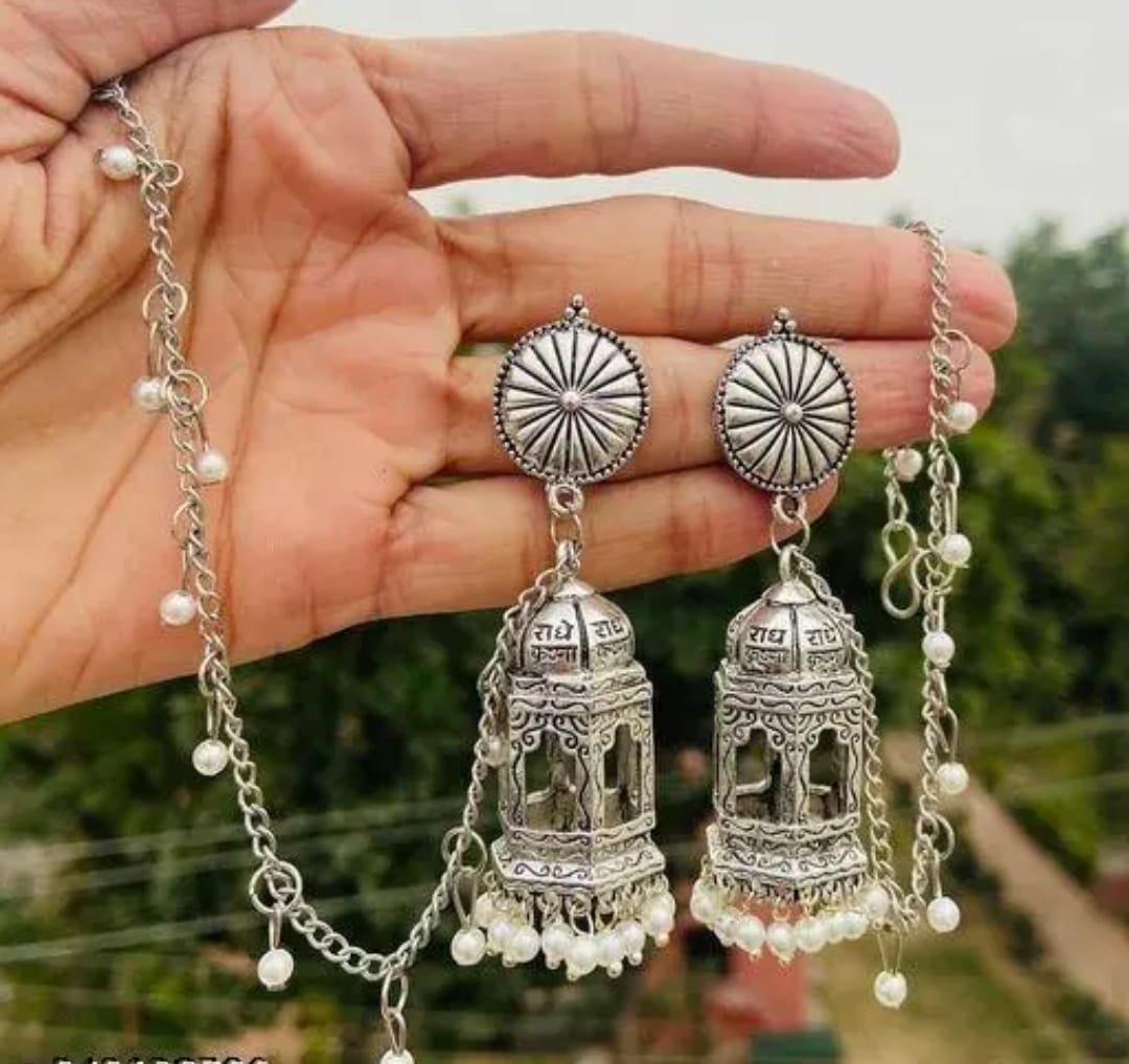 Silver Temple Long Jhumka Bahubali Earrings With Earchain For Women & Girls