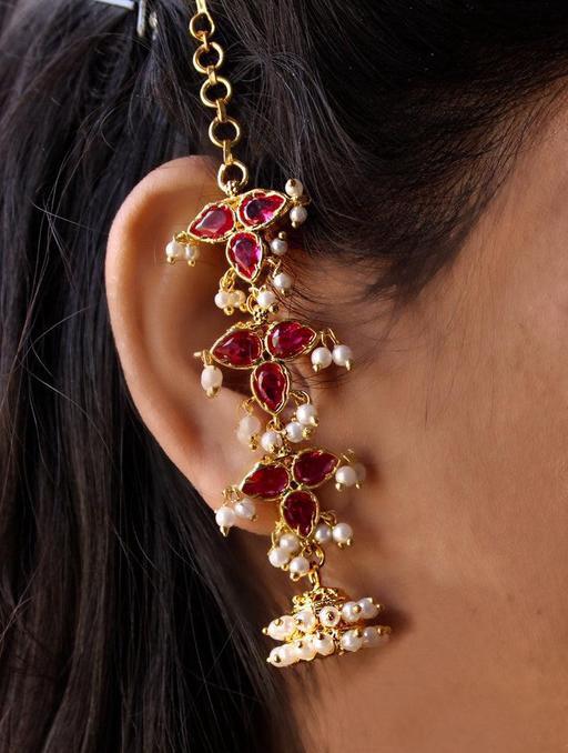 South Indian Gold Plated Red Kundan Jhumka Earrings For Women & Girls