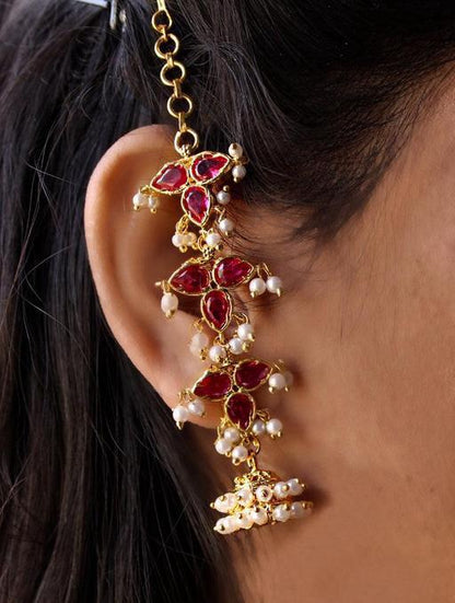 South Indian Gold Plated Red Kundan Jhumka Earrings For Women & Girls