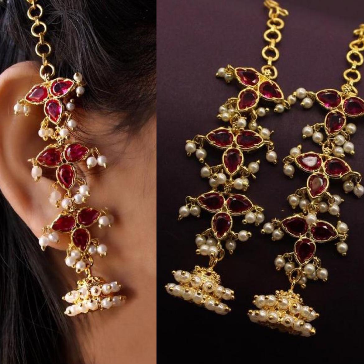 South Indian Gold Plated Red Kundan Jhumka Earrings For Women & Girls