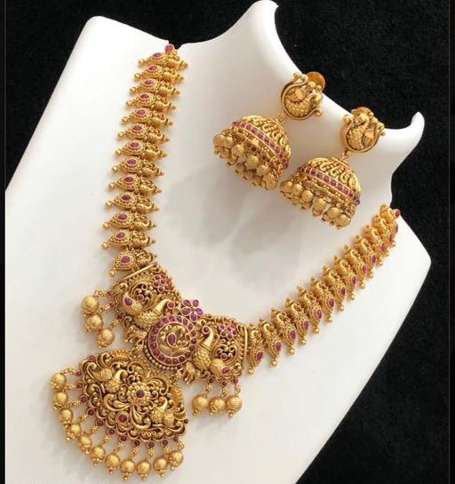 Wedding South Indian Wearing Gold Plated Indian Jewellery Set With Earrings For Women & Girls