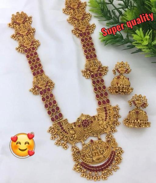 Indian Bridal Gold Matte Finish Temple Long Haram Gold Plated Jewellery Set For Wedding