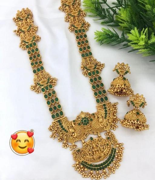 Indian Bridal Gold Matte Finish Temple Long Haram Gold Plated Jewellery Set For Wedding