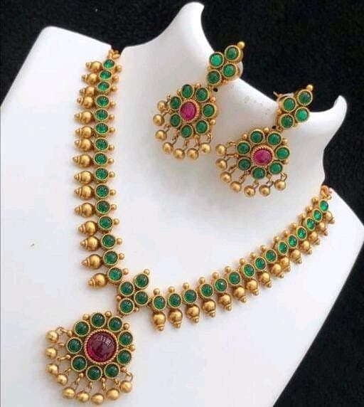 Emerald Green Stone Southindian Antique Gold Plated Jewellery Set For Women & Girls