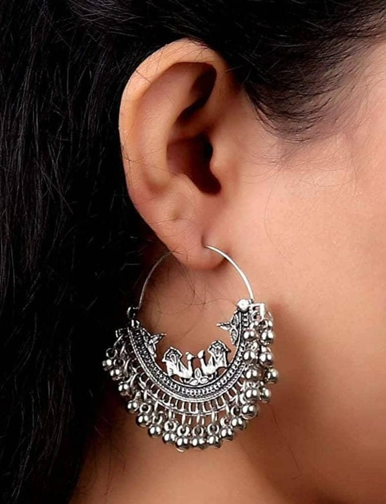 Ghungroo Hoop Chandbali Indian Silver Bollywood Peacock Jhumki For Women & Girls