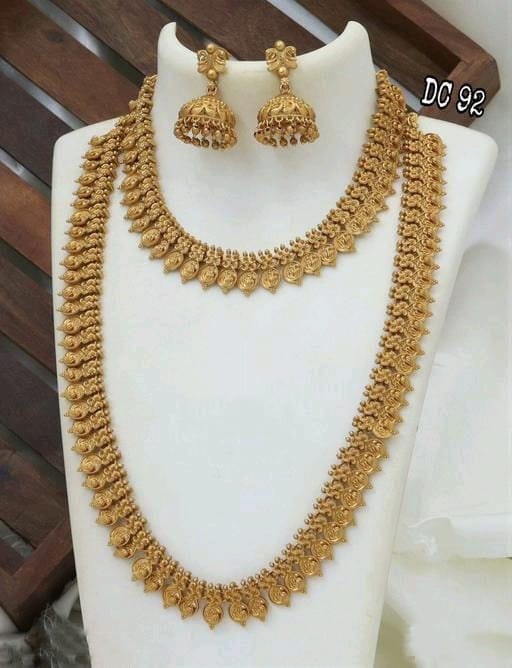 Gold Polish Temple Coin Semi Bridal Long Haram With Choker Set For Women & Girls