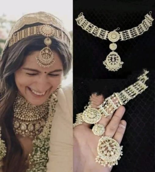 Indian Bollywood Alia Bhatt Inspiration Heavy Golden Touch Pearls Sheesh Patti For Women & Girls